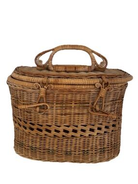 Vtg Hand Woven Wicker Rattan Bicycle Basket 10” X 6” X 7”  with Lid Repair